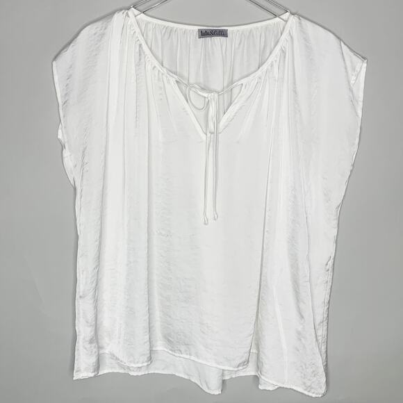 Tutu Lilli S Womens White Tie Neck Satin Short Sleeve Top Pleated - Picture 1 of 8